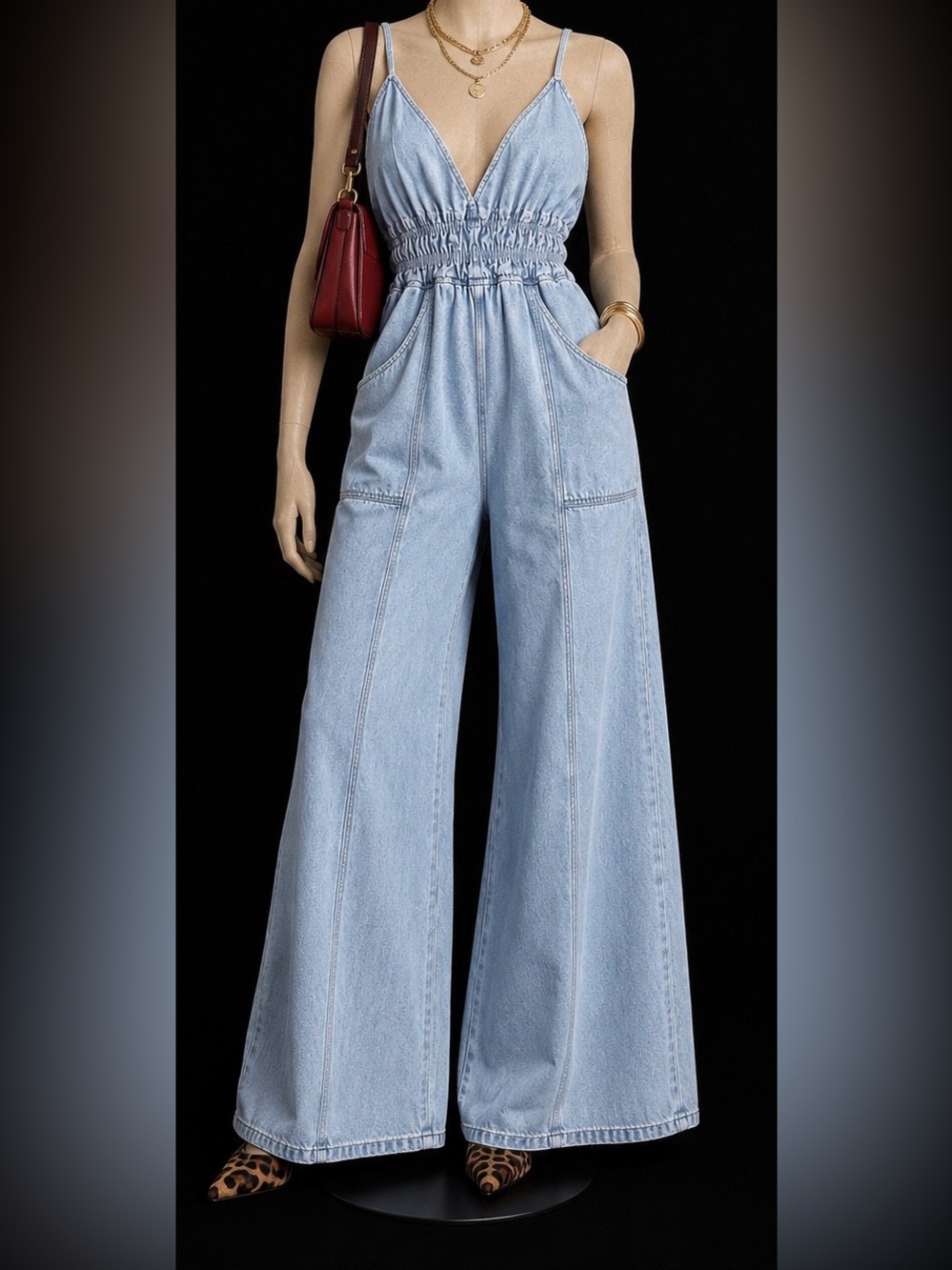 Light Wash Denim Wide Leg Jumpsuit Smocked Waist V-Neck Pocketed NWOT